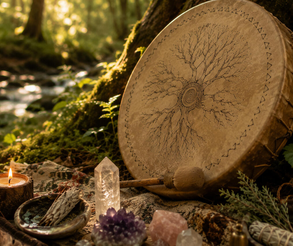 Shamanic drum surrounded by crystals, sage and candles in a peaceful woodland setting